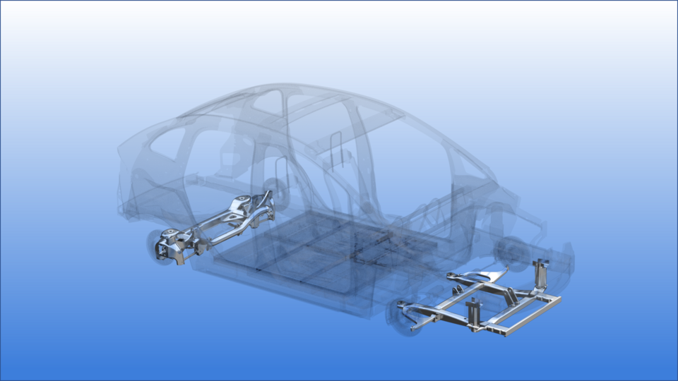 Chassis and suspension parts in situ in a 3D drawing of a car frame